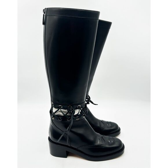 Chanel Knee High Boots Cap Toe Black Leather Lace Up Cutout - Picture 7 of 16